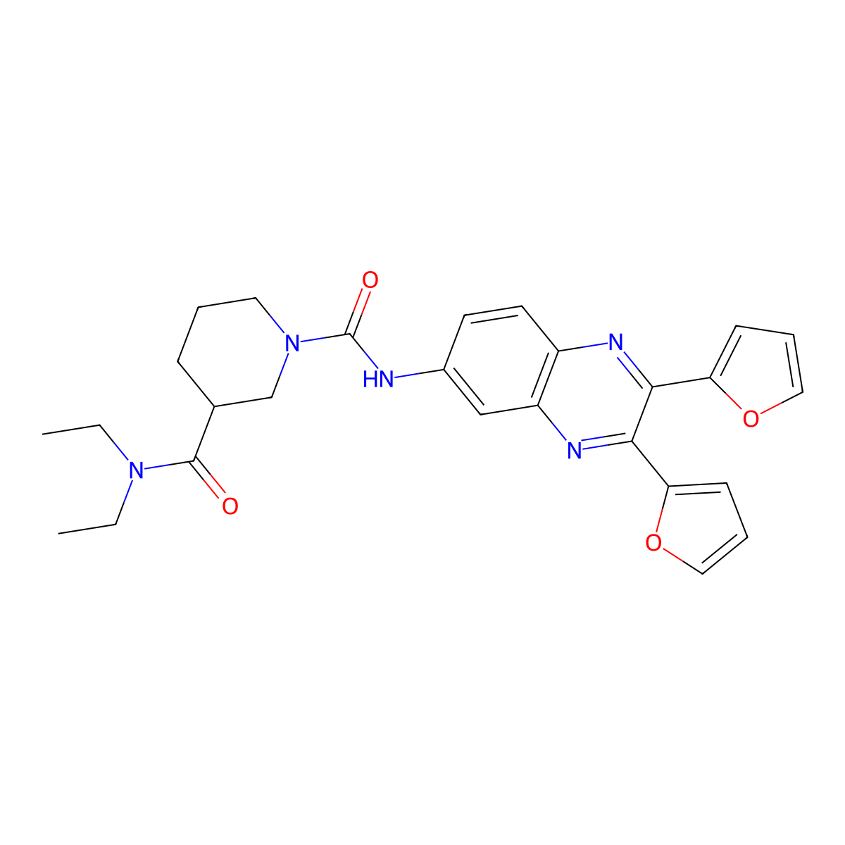 1-N-[2,3-bis(furan-2-yl)quinoxalin-6-yl]-3-N,3-N-diethylpiperidine-1,3-dicarboxamide molecular structure, CAS 508186-08-1