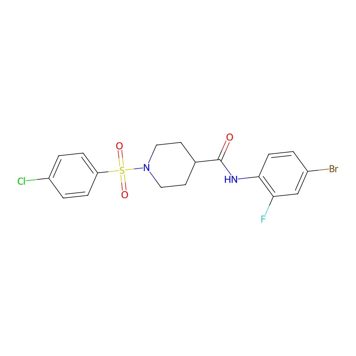 N-(4-bromo-2-fluorophenyl)-1-(4-chlorophenyl)sulfonylpiperidine-4-carboxamide molecular structure, CAS 508188-23-6