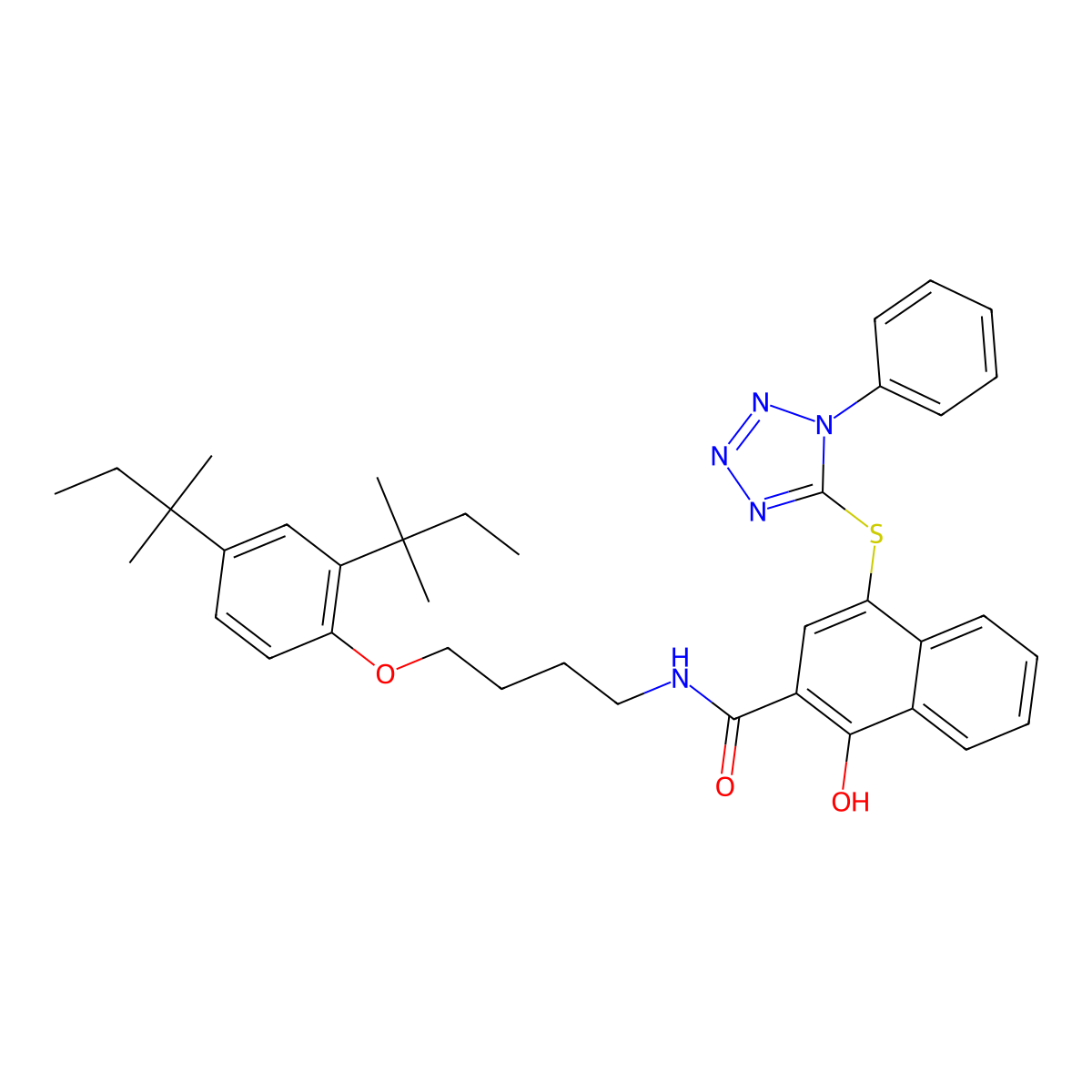 2-Naphthalenecarboxamide, N-[4-[2,4-bis(1,1-dimethylpropyl)phenoxy]butyl]-1-hydroxy-4-[(1-phenyl-1H-tetrazol-5-yl)thio]- molecular structure, CAS 5084-12-8