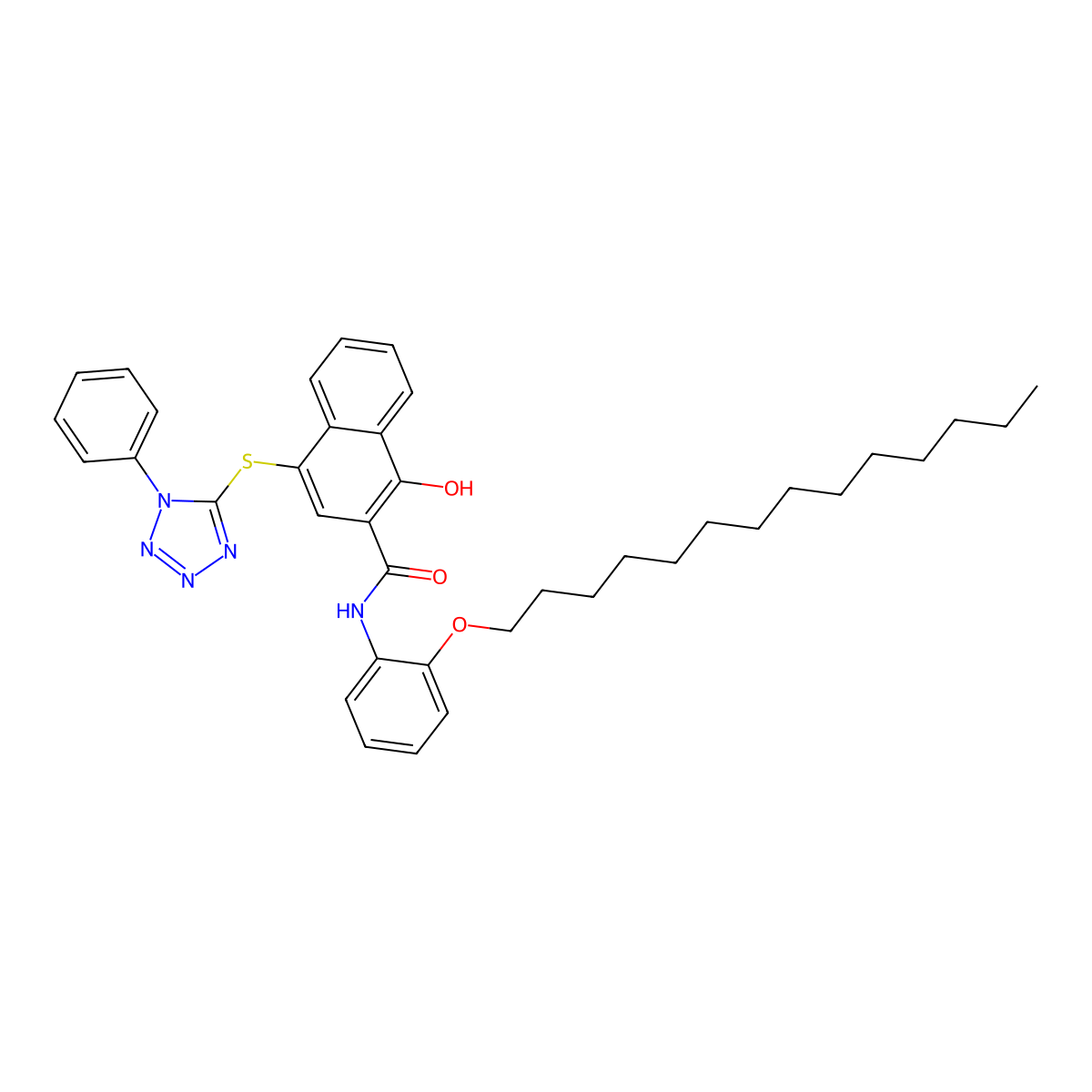 2-Naphthalenecarboxamide, 1-hydroxy-4-[(1-phenyl-1H-tetrazol-5-yl)thio]-N-[2-(tetradecyloxy)phenyl]- molecular structure, CAS 5084-13-9