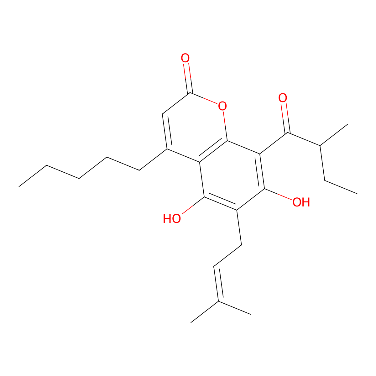 5,7-Dihydroxy-6-(3-methyl-2-butenyl)-8-(2-methyl-1-oxobutyl)-4-pentyl-2H-1-benzopyran-2-one molecular structure, CAS 5085-55-2
