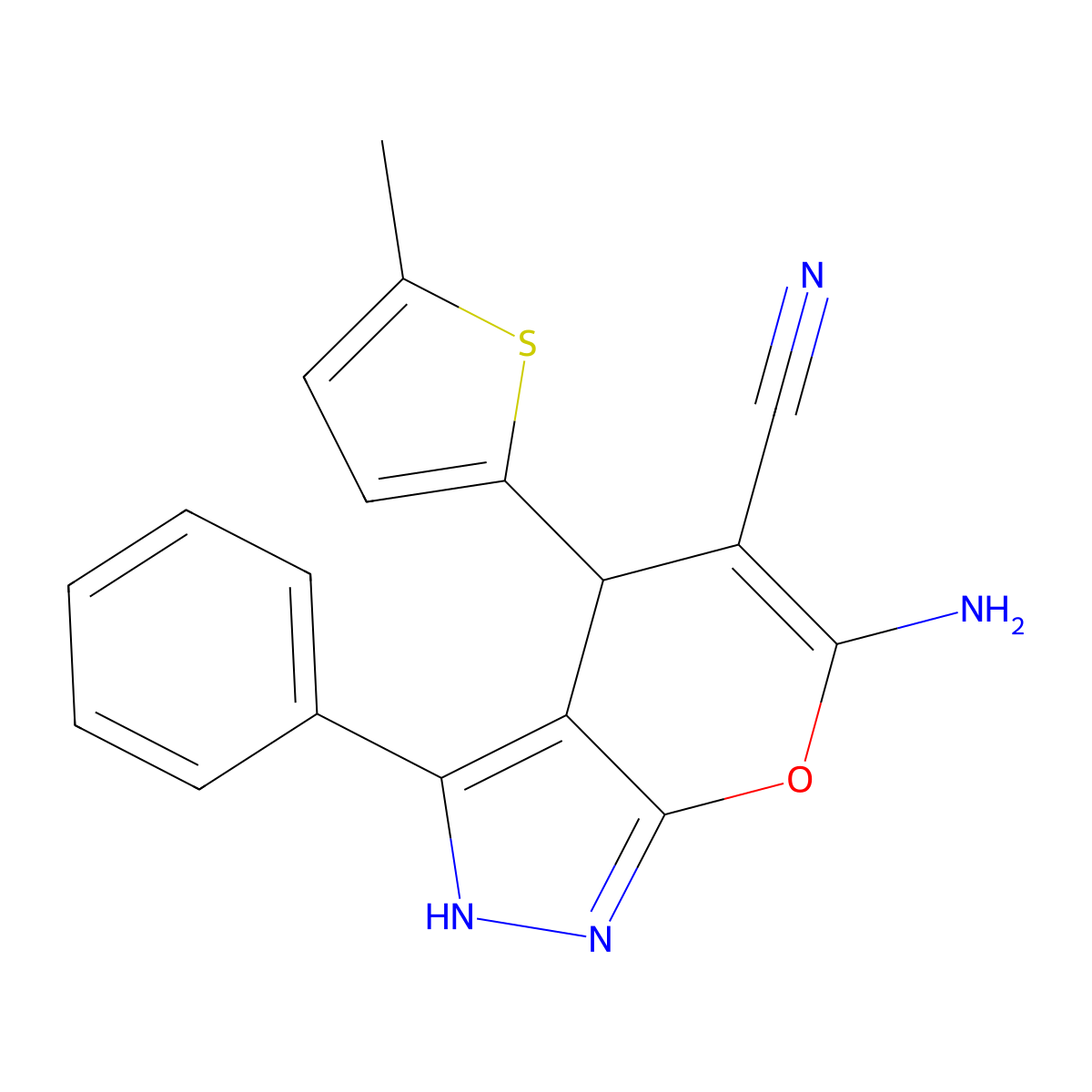 6-Amino-4-(5-methylthiophen-2-yl)-3-phenyl-2,4-dihydropyrano[2,3-c]pyrazole-5-carbonitrile molecular structure, CAS 5087-78-5