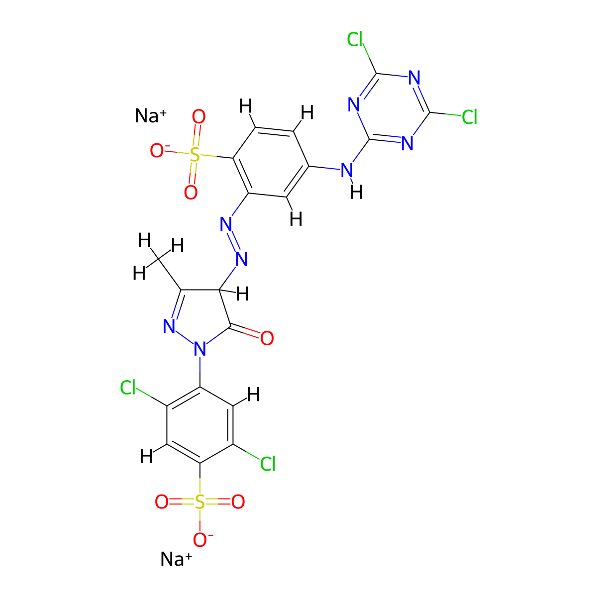 Benzenesulfonic acid, 2,5-dichloro-4-[4-[2-[5-[(4,6-dichloro-1,3,5-triazin-2-yl)amino]-2-sulfophenyl]diazenyl]-4,5-dihydro-3-methyl-5-oxo-1H-pyrazol-1-yl]-, sodium salt (1:2) molecular structure, CAS 5089-16-7