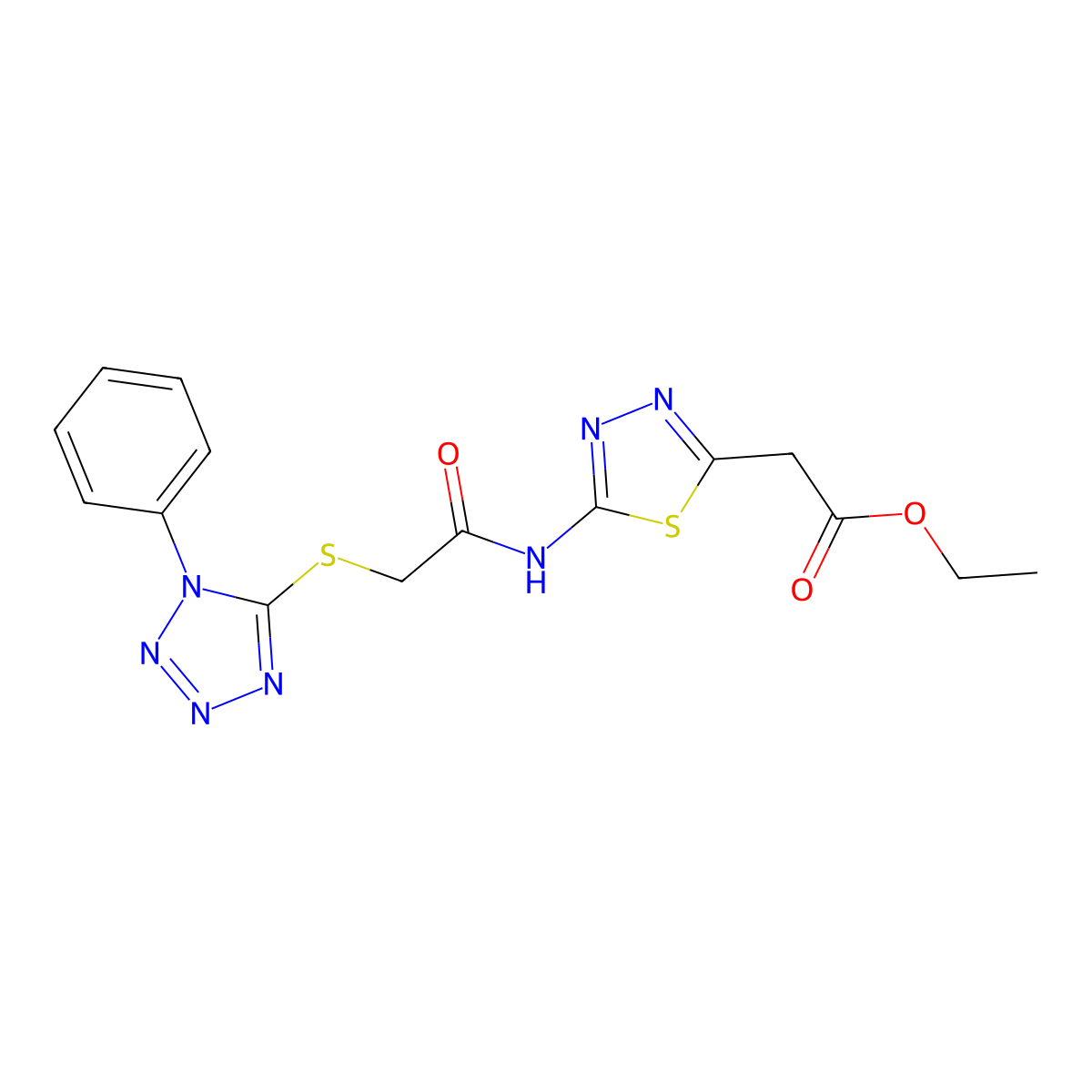 ethyl [5-({[(1-phenyl-1H-tetrazol-5-yl)sulfanyl]acetyl}amino)-1,3,4-thiadiazol-2-yl]acetate molecular structure, CAS 509113-58-0