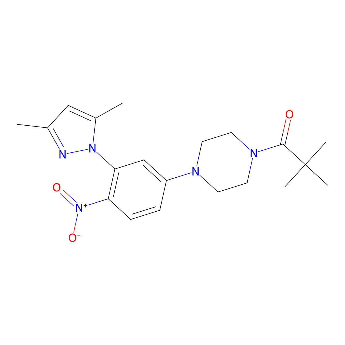1-[4-[3-(3,5-Dimethylpyrazol-1-yl)-4-nitrophenyl]piperazin-1-yl]-2,2-dimethylpropan-1-one molecular structure, CAS 509113-60-4