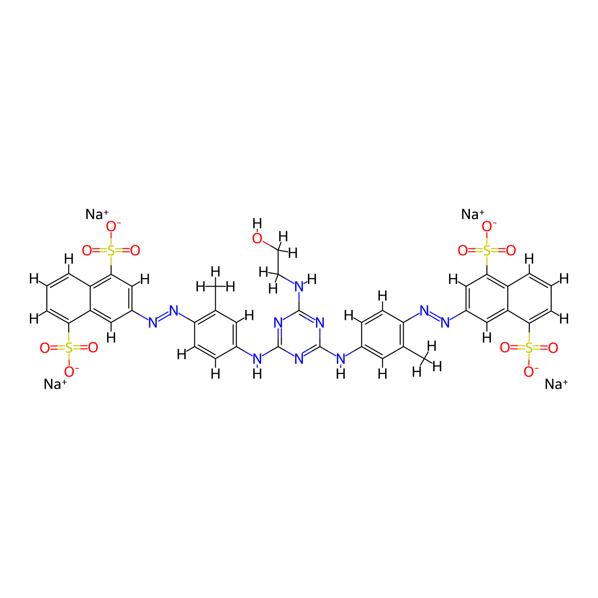 1,5-Naphthalenedisulfonic acid, 3,3'-[[6-[(2-hydroxyethyl)amino]-1,3,5-triazine-2,4-diyl]bis[imino(2-methyl-4,1-phenylene)-2,1-diazenediyl]]bis-, sodium salt (1:4) molecular structure, CAS 50925-42-3