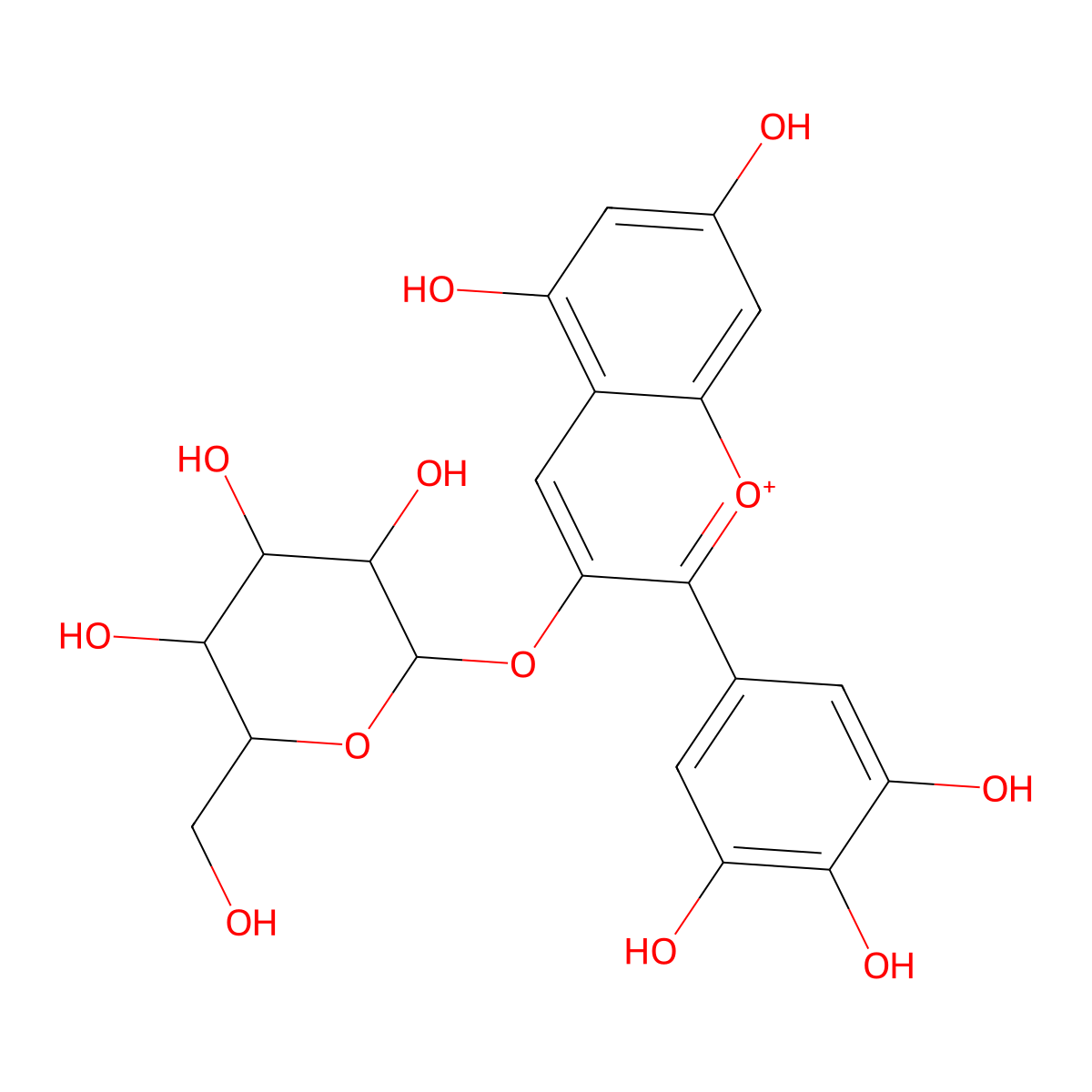 Delphinidin 3-O-glucoside cation molecular structure, CAS 50986-17-9
