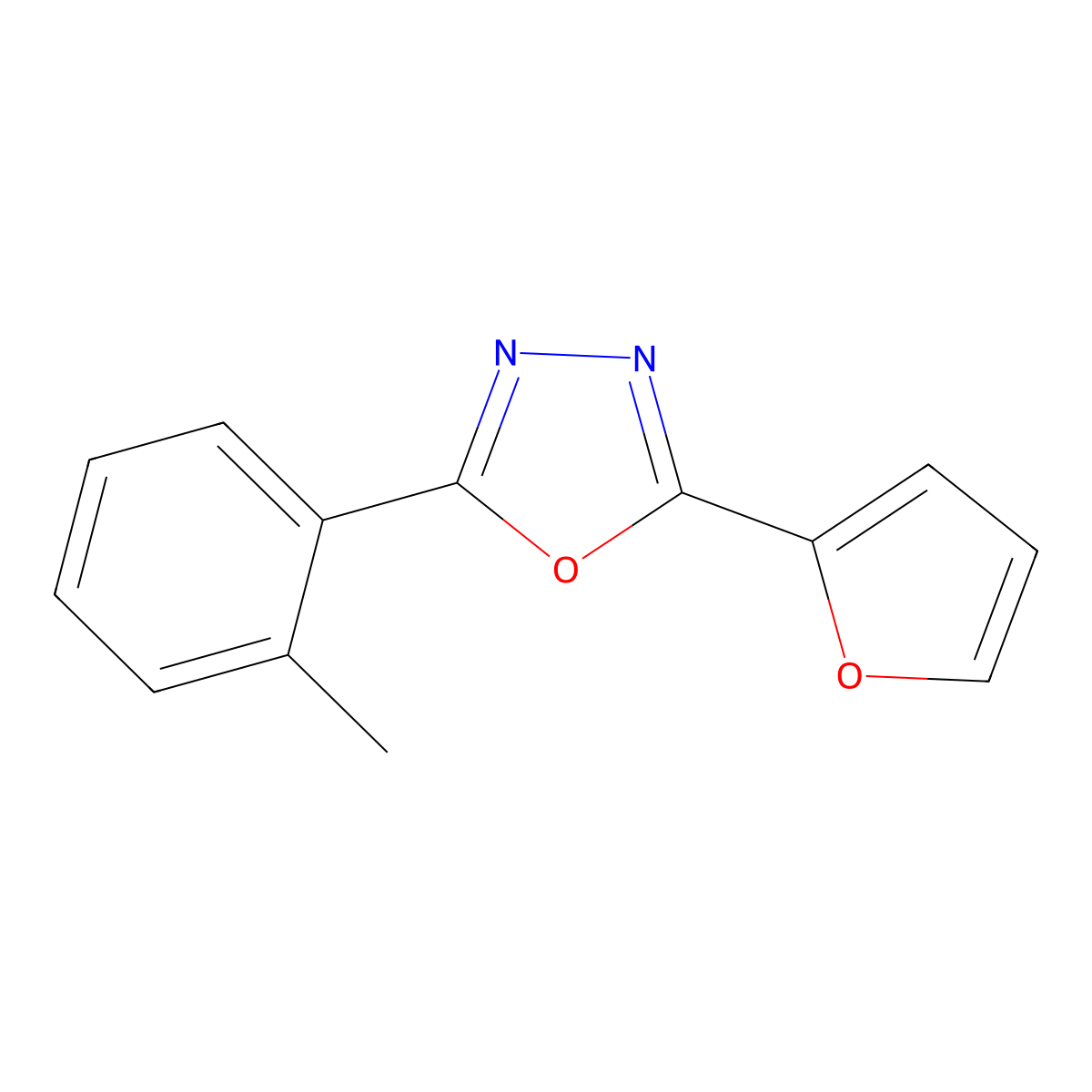 2-(Furan-2-yl)-5-(2-methylphenyl)-1,3,4-oxadiazole molecular structure, CAS 51038-44-9