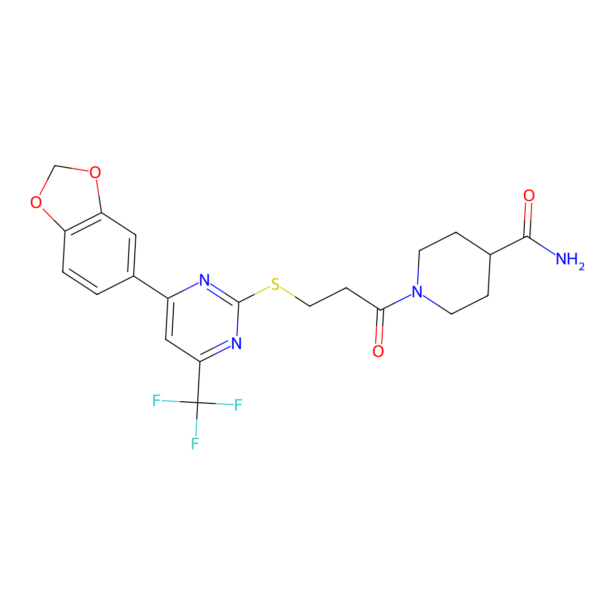 1-(3-((4-(Benzo[d][1,3]dioxol-5-yl)-6-(trifluoromethyl)pyrimidin-2-yl)thio)propanoyl)piperidine-4-carboxamide molecular structure, CAS 510710-48-2