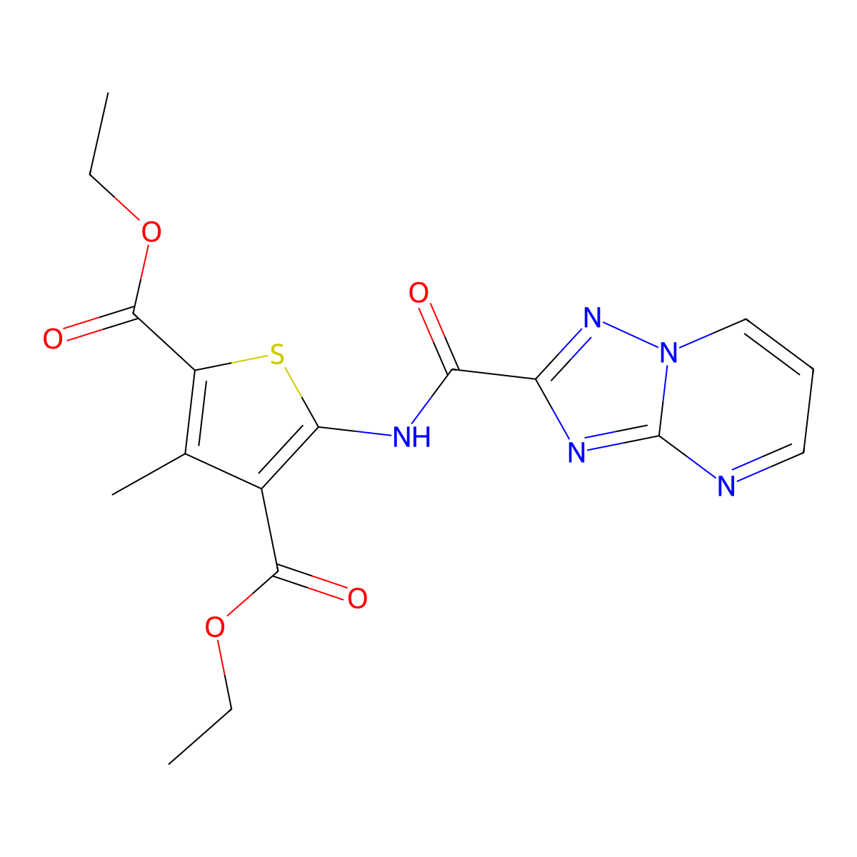 Diethyl 3-methyl-5-([1,2,4]triazolo[1,5-a]pyrimidine-2-carbonylamino)thiophene-2,4-dicarboxylate molecular structure, CAS 510712-75-1