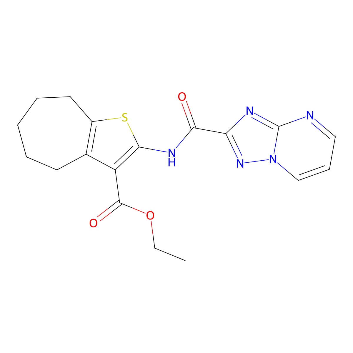 ethyl 2-([1,2,4]triazolo[1,5-a]pyrimidine-2-carbonylamino)-5,6,7,8-tetrahydro-4H-cyclohepta[b]thiophene-3-carboxylate molecular structure, CAS 510712-88-6