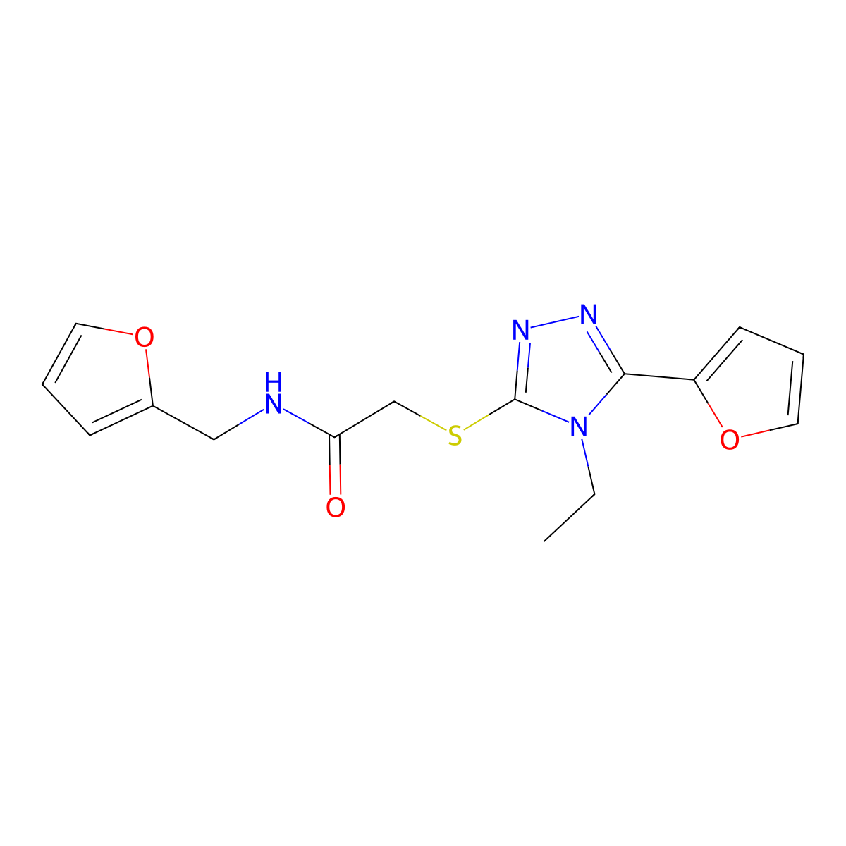 2-[[4-ethyl-5-(furan-2-yl)-1,2,4-triazol-3-yl]sulfanyl]-N-(furan-2-ylmethyl)acetamide molecular structure, CAS 510713-65-2