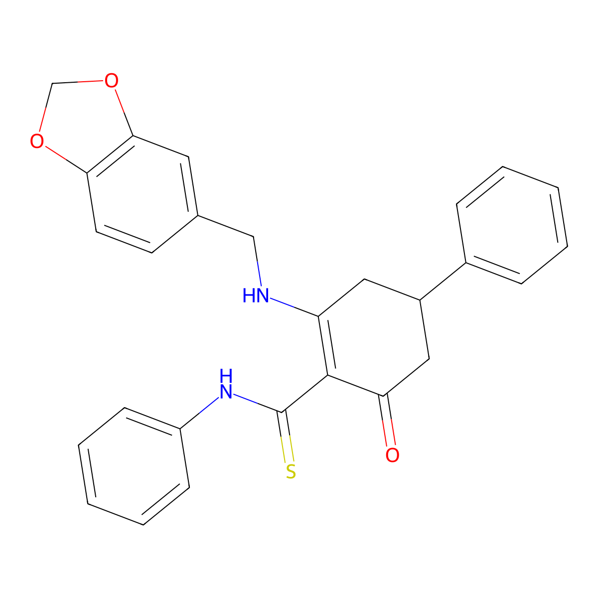2-(1,3-benzodioxol-5-ylmethylamino)-6-oxo-N,4-diphenylcyclohexene-1-carbothioamide molecular structure, CAS 510714-86-0