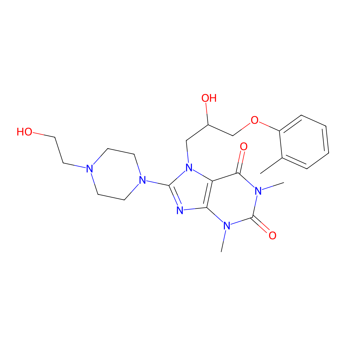 7-(2-hydroxy-3-(o-tolyloxy)propyl)-8-(4-(2-hydroxyethyl)piperazin-1-yl)-1,3-dimethyl-1H-purine-2,6(3H,7H)-dione molecular structure, CAS 510717-20-1