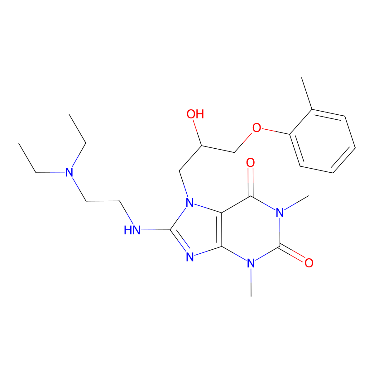 8-((2-(diethylamino)ethyl)amino)-7-(2-hydroxy-3-(o-tolyloxy)propyl)-1,3-dimethyl-1H-purine-2,6(3H,7H)-dione molecular structure, CAS 510717-22-3