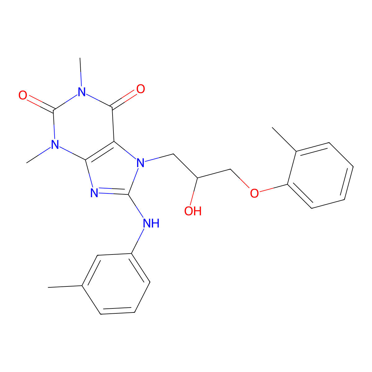 7-(2-hydroxy-3-(o-tolyloxy)propyl)-1,3-dimethyl-8-(m-tolylamino)-1H-purine-2,6(3H,7H)-dione molecular structure, CAS 510717-26-7