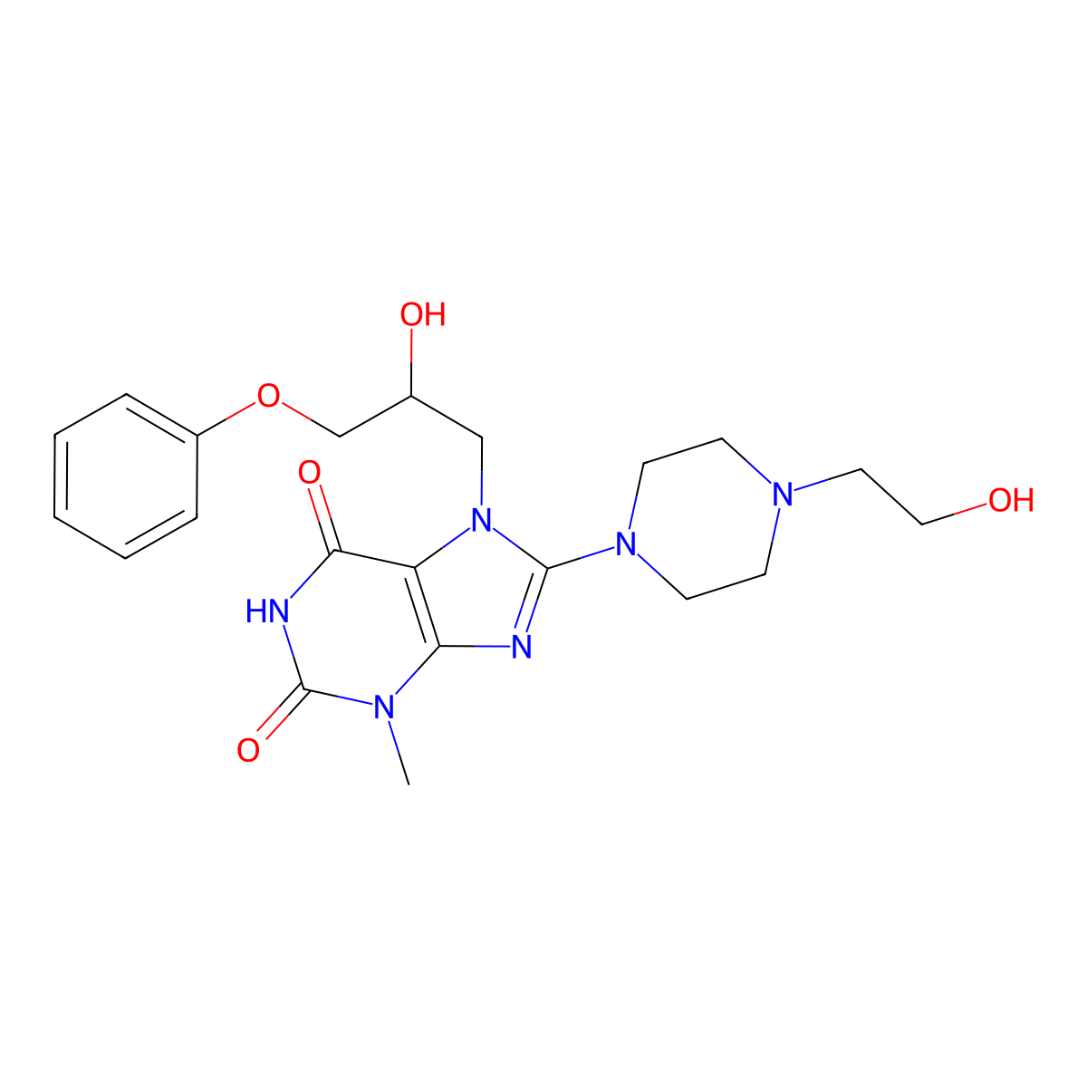 7-(2-hydroxy-3-phenoxypropyl)-8-(4-(2-hydroxyethyl)piperazin-1-yl)-3-methyl-1H-purine-2,6(3H,7H)-dione molecular structure, CAS 510717-28-9