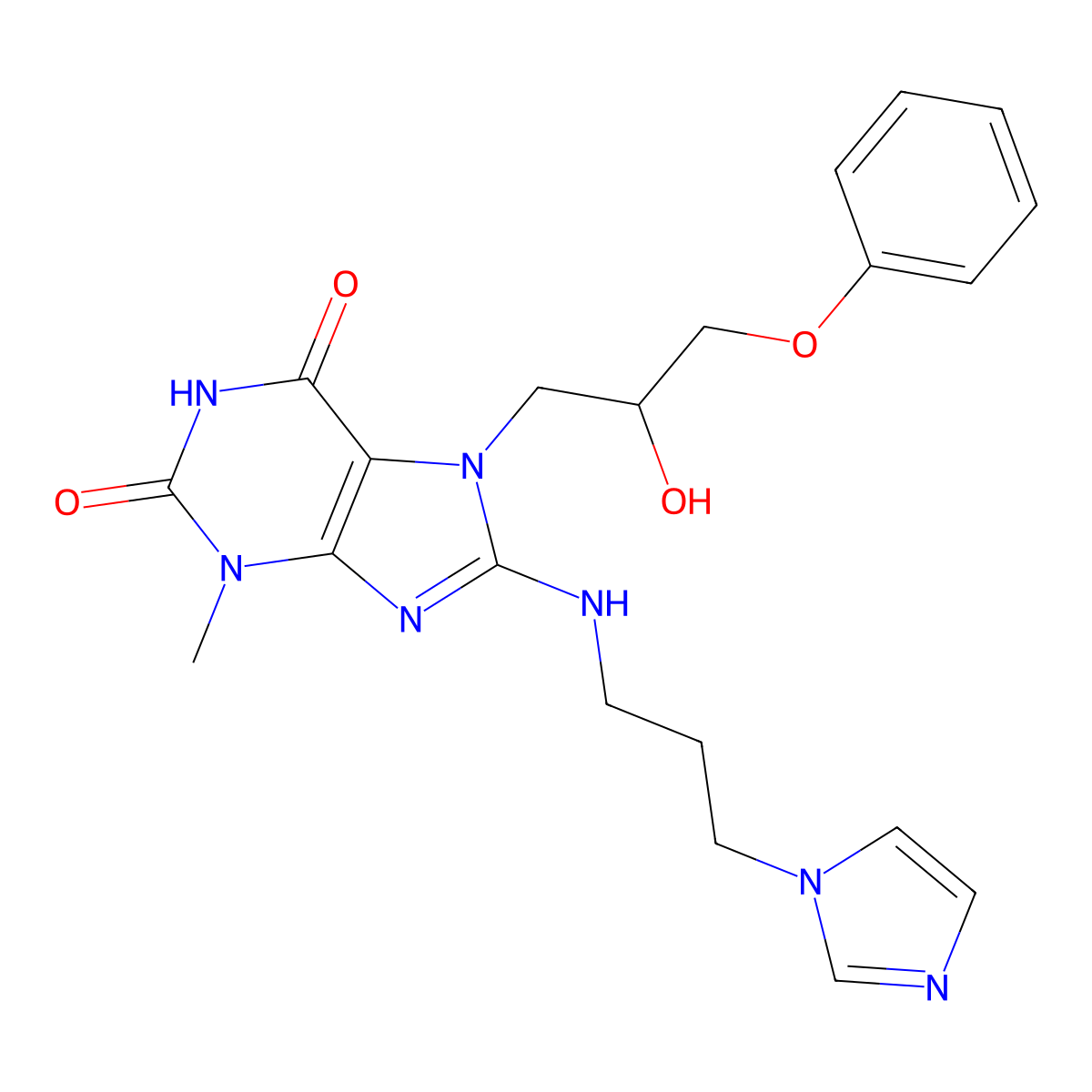 8-((3-(1H-imidazol-1-yl)propyl)amino)-7-(2-hydroxy-3-phenoxypropyl)-3-methyl-1H-purine-2,6(3H,7H)-dione molecular structure, CAS 510717-29-0