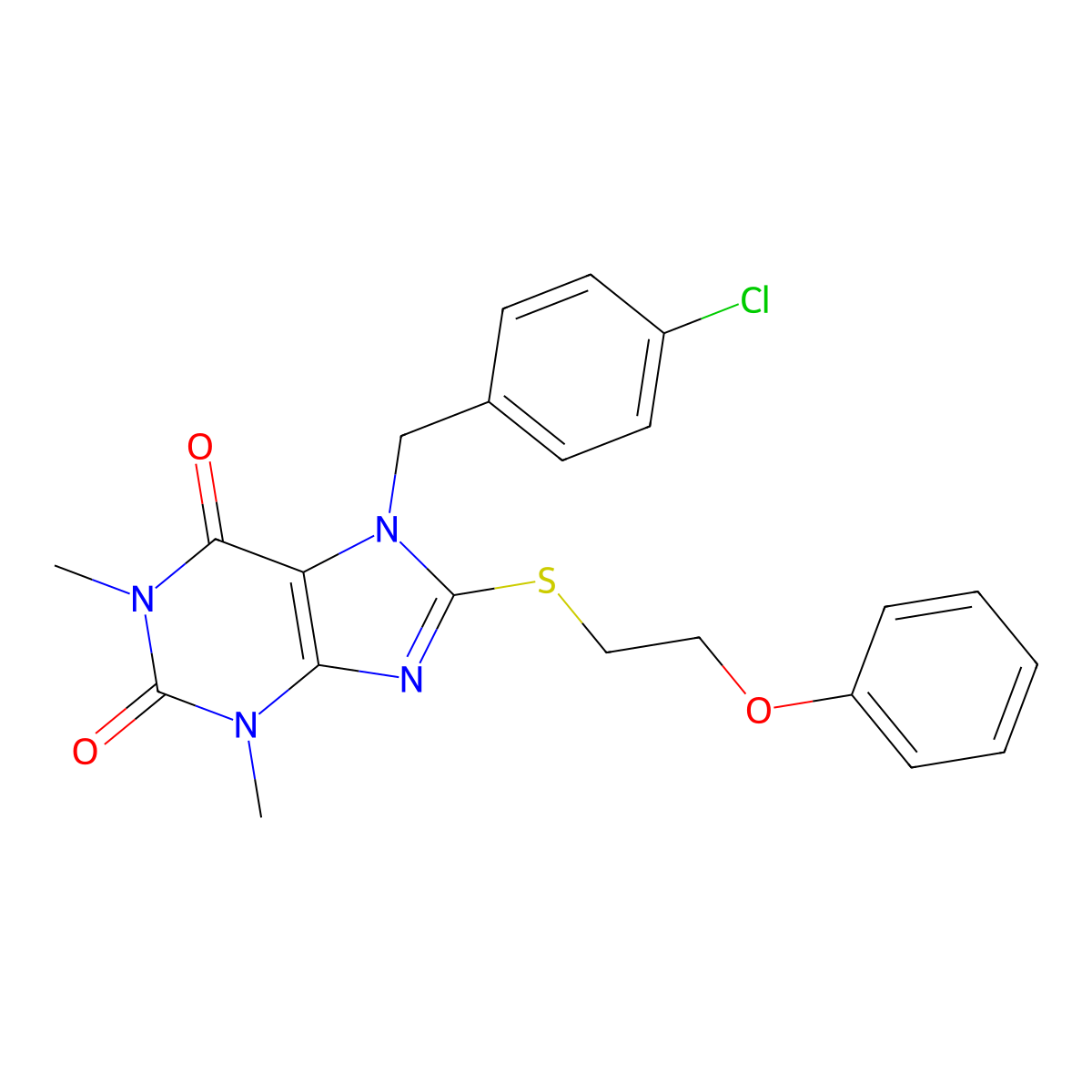 7-(4-chlorobenzyl)-1,3-dimethyl-8-((2-phenoxyethyl)thio)-1H-purine-2,6(3H,7H)-dione molecular structure, CAS 510717-42-7