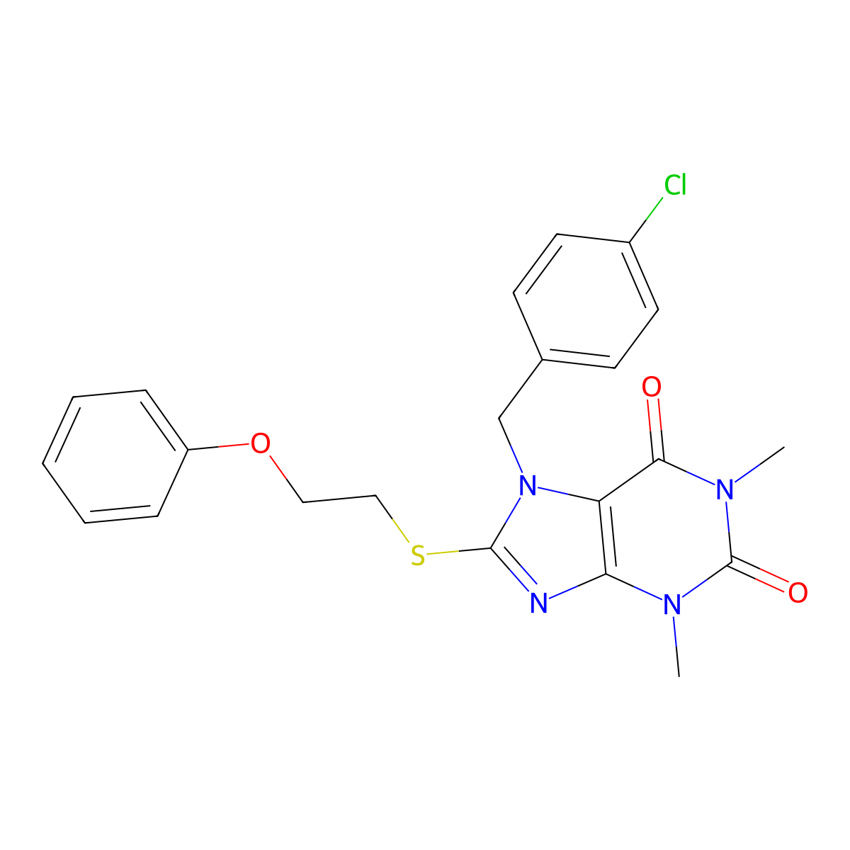 7-(4-chlorobenzyl)-1,3-dimethyl-8-((2-phenoxyethyl)thio)-1H-purine-2,6(3H,7H)-dione molecular structure, CAS 510717-42-7