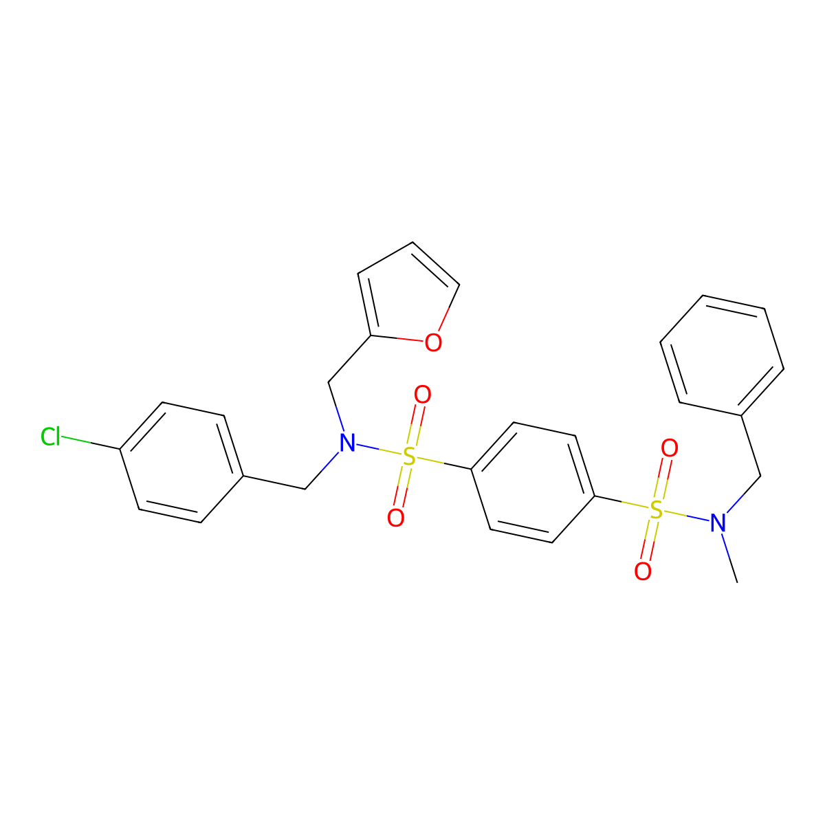 N1-benzyl-N4-[(4-chlorophenyl)methyl]-N4-[(furan-2-yl)methyl]-N1-methylbenzene-1,4-disulfonamide molecular structure, CAS 510721-79-6