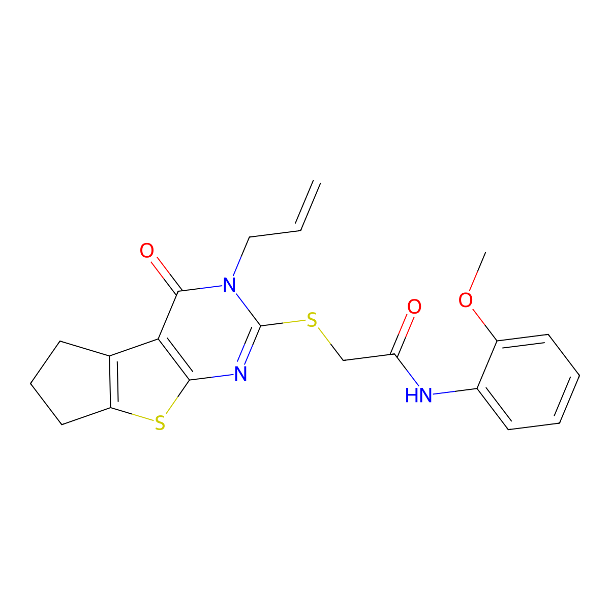 N-(2-methoxyphenyl)-2-(4-oxo-3-prop-2-enyl(3,5,6,7-tetrahydrocyclopenta[2,1-d] pyrimidino[4,5-b]thiophen-2-ylthio))acetamide molecular structure, CAS 510724-61-5