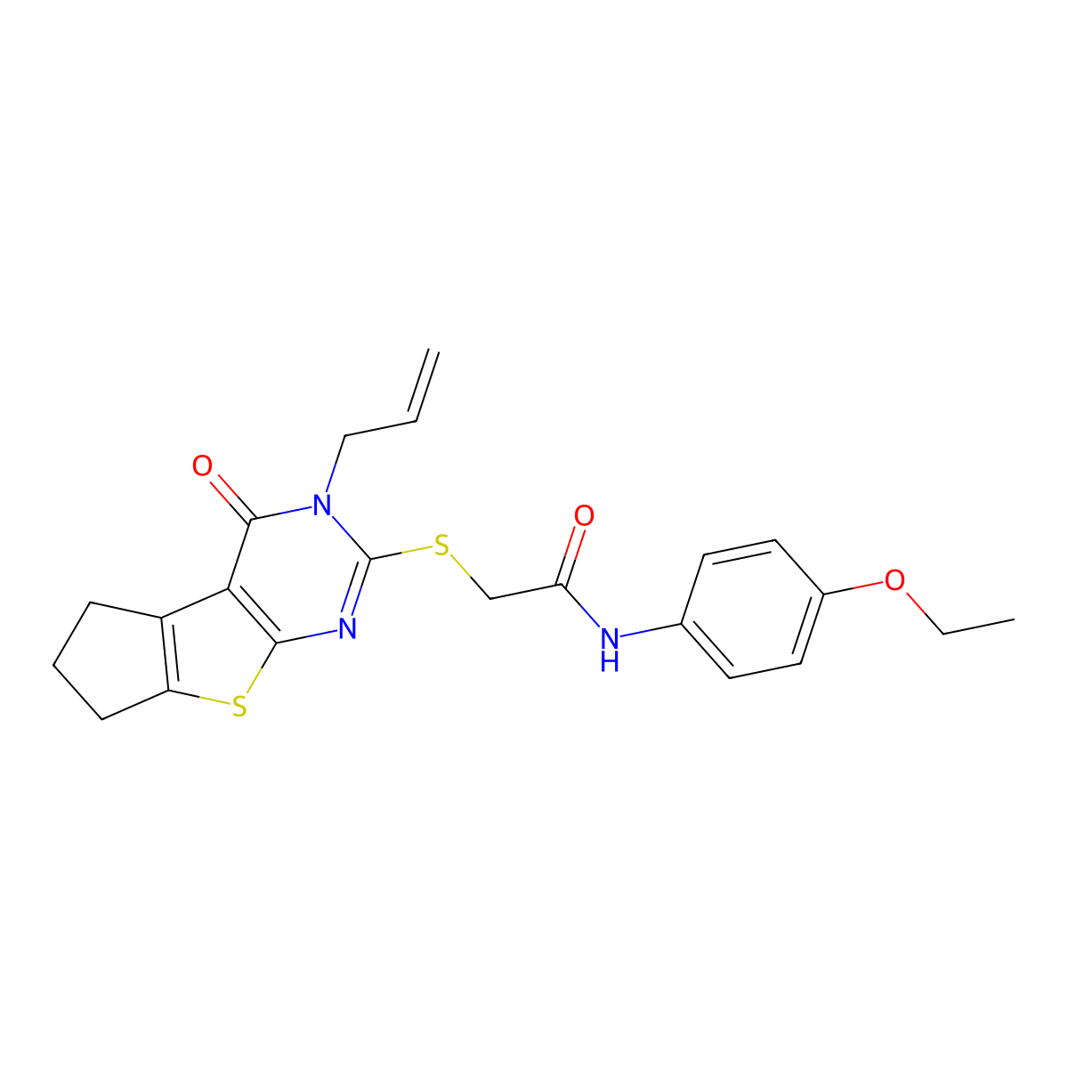 N-(4-ethoxyphenyl)-2-(4-oxo-3-prop-2-enyl(3,5,6,7-tetrahydrocyclopenta[2,1-d]p yrimidino[4,5-b]thiophen-2-ylthio))acetamide molecular structure, CAS 510724-63-7