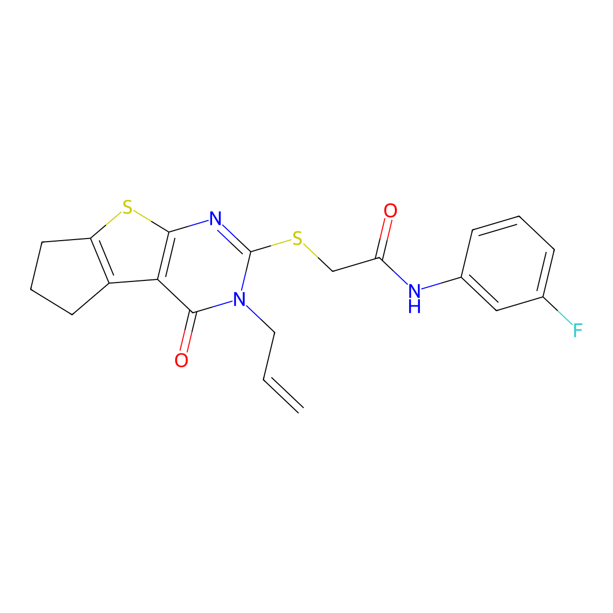 2-[(3-allyl-4-oxo-3,5,6,7-tetrahydro-4H-cyclopenta[4,5]thieno[2,3-d]pyrimidin-2-yl)sulfanyl]-N-(3-fluorophenyl)acetamide molecular structure, CAS 510724-64-8