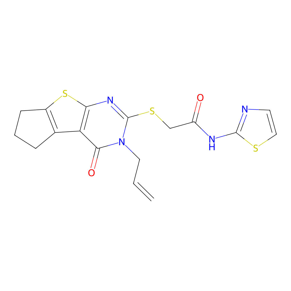 2-(4-oxo-3-prop-2-enyl(3,5,6,7-tetrahydrocyclopenta[2,1-d]pyrimidino[4,5-b]thi ophen-2-ylthio))-N-(1,3-thiazol-2-yl)acetamide molecular structure, CAS 510724-66-0