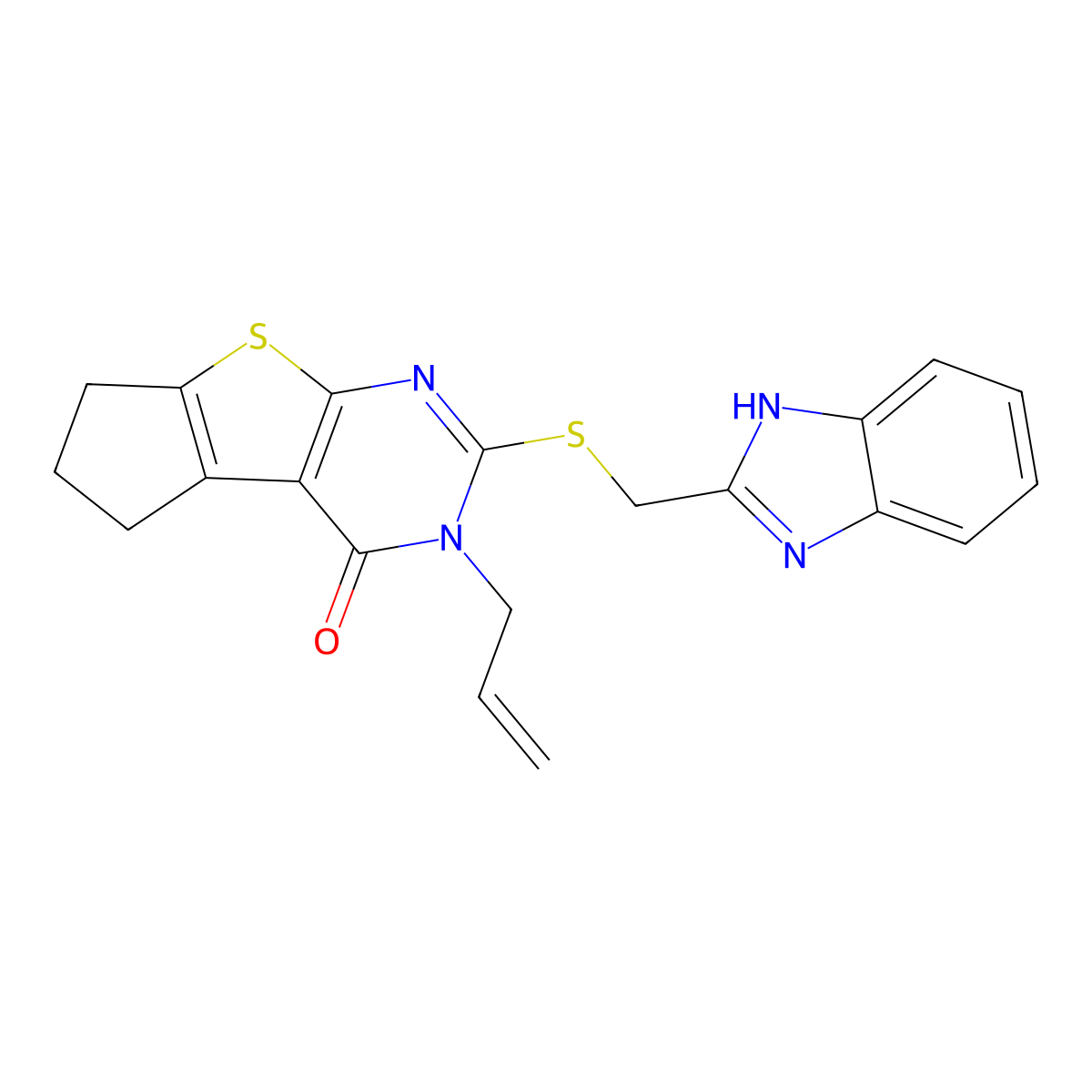 3-(1H-benzimidazol-2-ylmethylsulfanyl)-2-prop-2-enyl-7,8-dihydro-6H-cyclopenta[2,3]thieno[2,4-b]pyrimidin-1-one molecular structure, CAS 510724-67-1