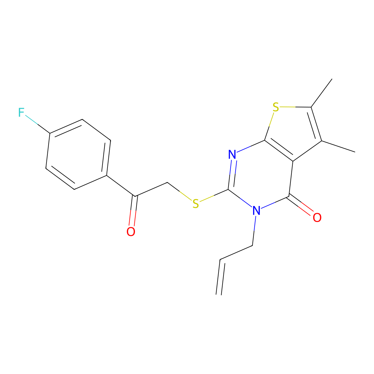 2-{[2-(4-fluorophenyl)-2-oxoethyl]sulfanyl}-5,6-dimethyl-3-(prop-2-en-1-yl)thieno[2,3-d]pyrimidin-4(3H)-one molecular structure, CAS 510724-70-6