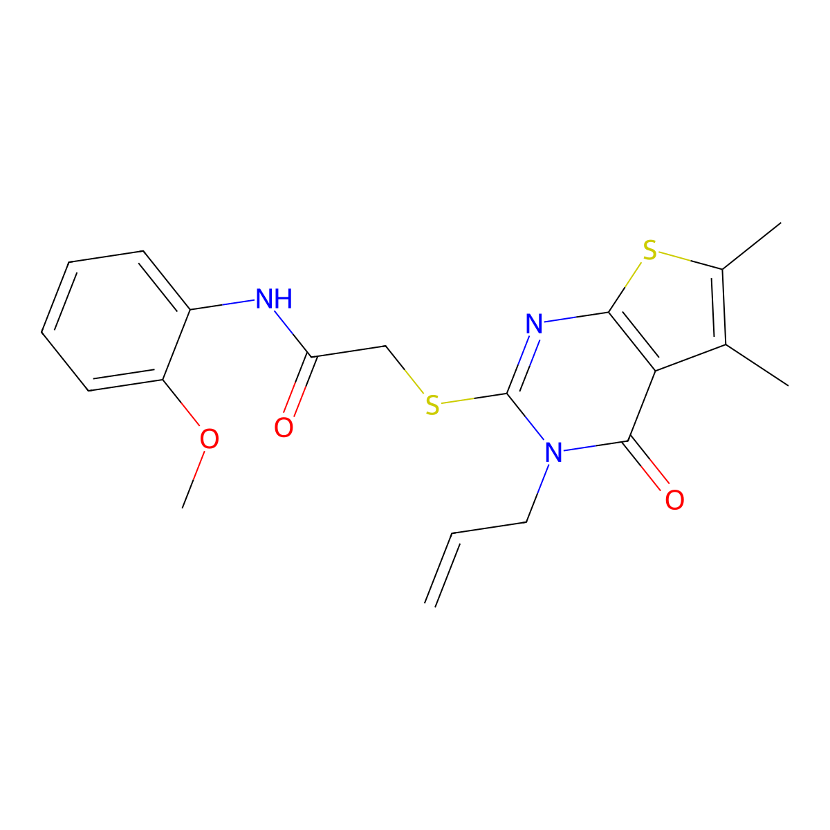 2-{[5,6-dimethyl-4-oxo-3-(prop-2-en-1-yl)-3,4-dihydrothieno[2,3-d]pyrimidin-2-yl]sulfanyl}-N-(2-methoxyphenyl)acetamide molecular structure, CAS 510724-75-1