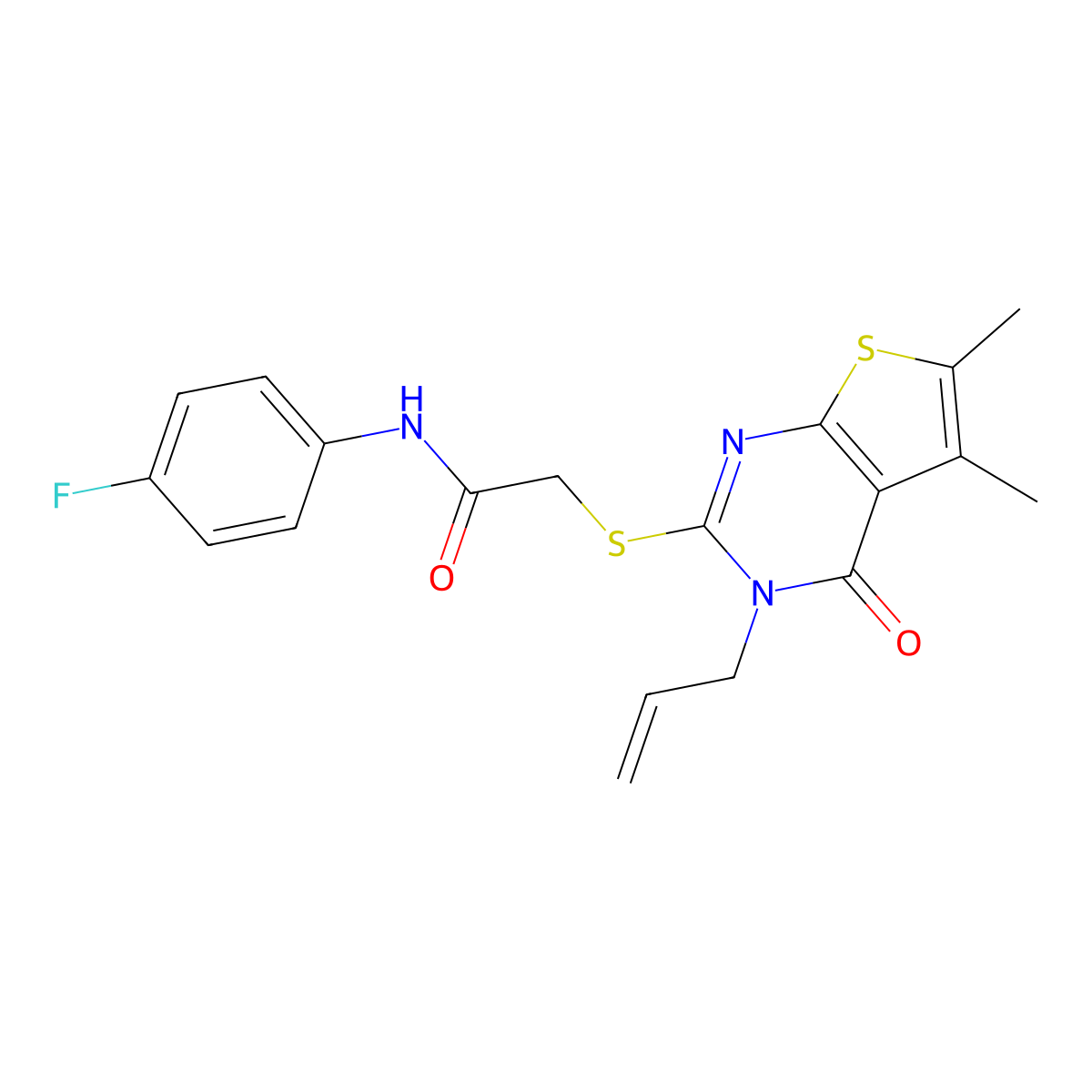 2-{[5,6-dimethyl-4-oxo-3-(prop-2-en-1-yl)-3,4-dihydrothieno[2,3-d]pyrimidin-2-yl]sulfanyl}-N-(4-fluorophenyl)acetamide molecular structure, CAS 510724-76-2