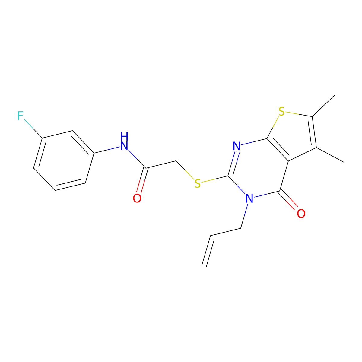2-{[5,6-dimethyl-4-oxo-3-(prop-2-en-1-yl)-3,4-dihydrothieno[2,3-d]pyrimidin-2-yl]sulfanyl}-N-(3-fluorophenyl)acetamide molecular structure, CAS 510724-77-3