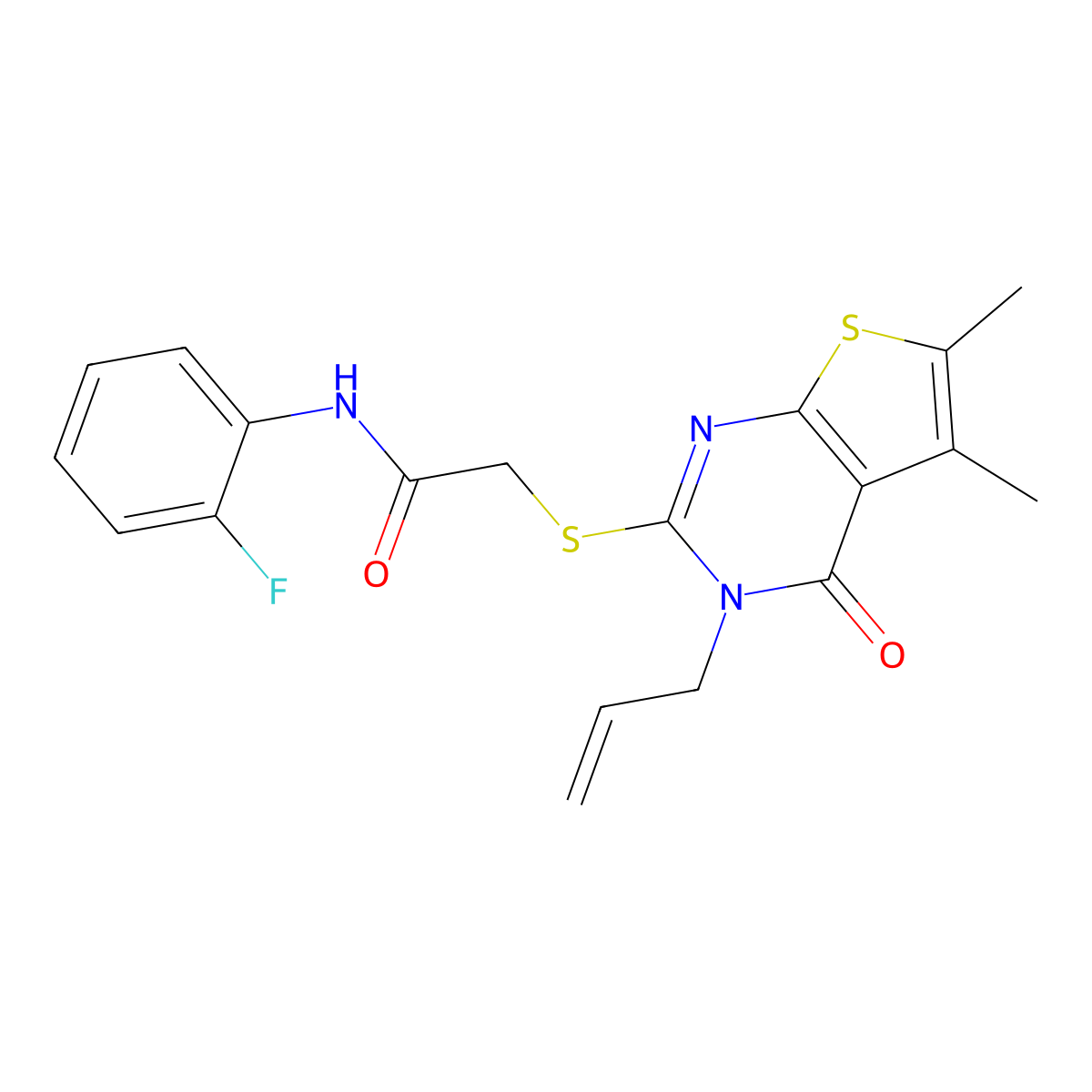 2-{[5,6-dimethyl-4-oxo-3-(prop-2-en-1-yl)-3,4-dihydrothieno[2,3-d]pyrimidin-2-yl]sulfanyl}-N-(2-fluorophenyl)acetamide molecular structure, CAS 510724-78-4