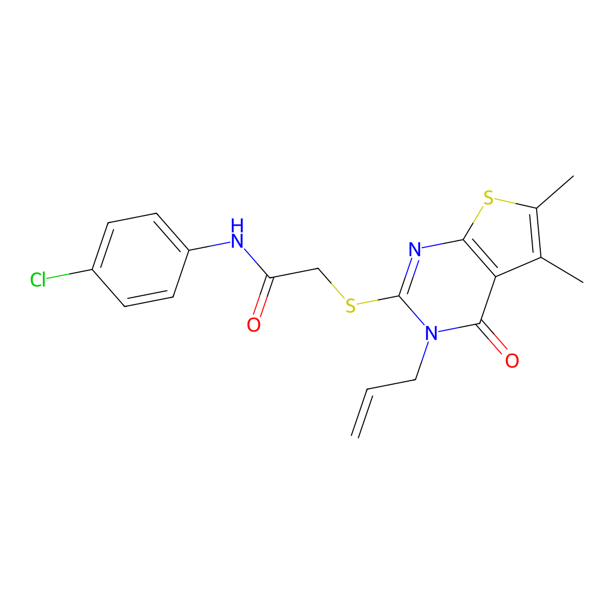 N-(4-chlorophenyl)-2-{[5,6-dimethyl-4-oxo-3-(prop-2-en-1-yl)-3,4-dihydrothieno[2,3-d]pyrimidin-2-yl]sulfanyl}acetamide molecular structure, CAS 510724-79-5
