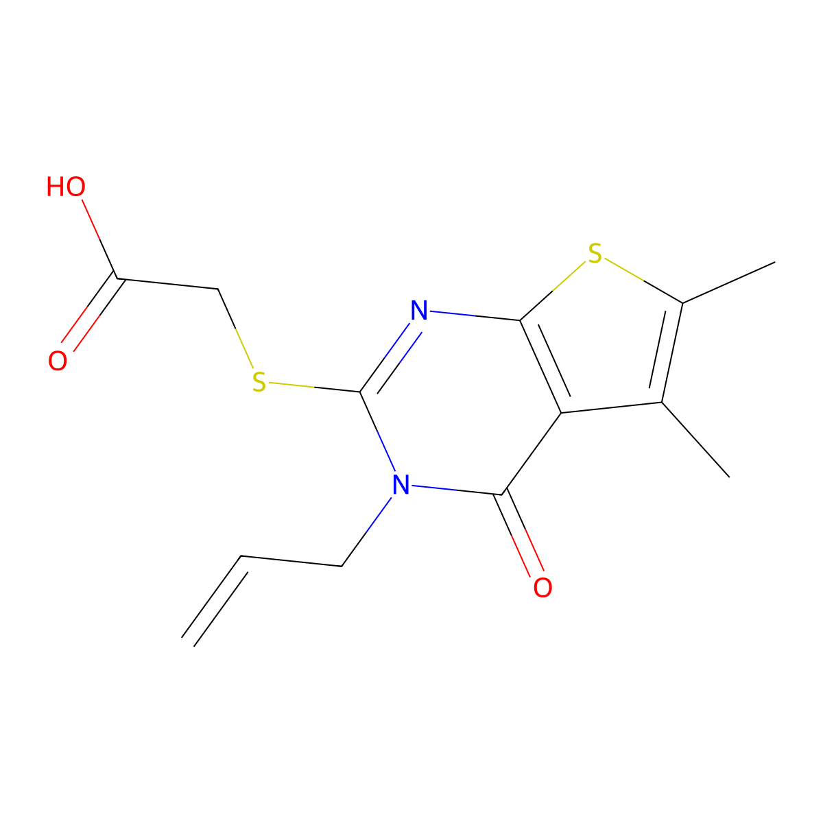 2-((3-Allyl-5,6-dimethyl-4-oxo-3,4-dihydrothieno[2,3-d]pyrimidin-2-yl)thio)acetic acid molecular structure, CAS 510724-80-8