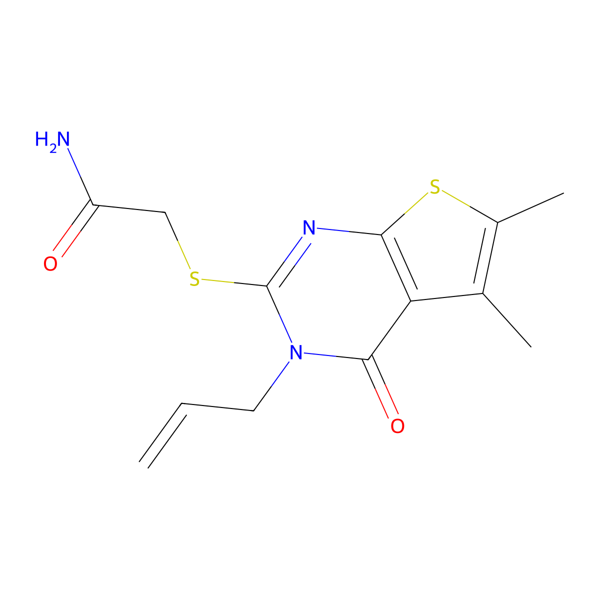 2-{[5,6-Dimethyl-4-oxo-3-(prop-2-en-1-yl)-3,4-dihydrothieno[2,3-d]pyrimidin-2-yl]sulfanyl}acetamide molecular structure, CAS 510724-81-9