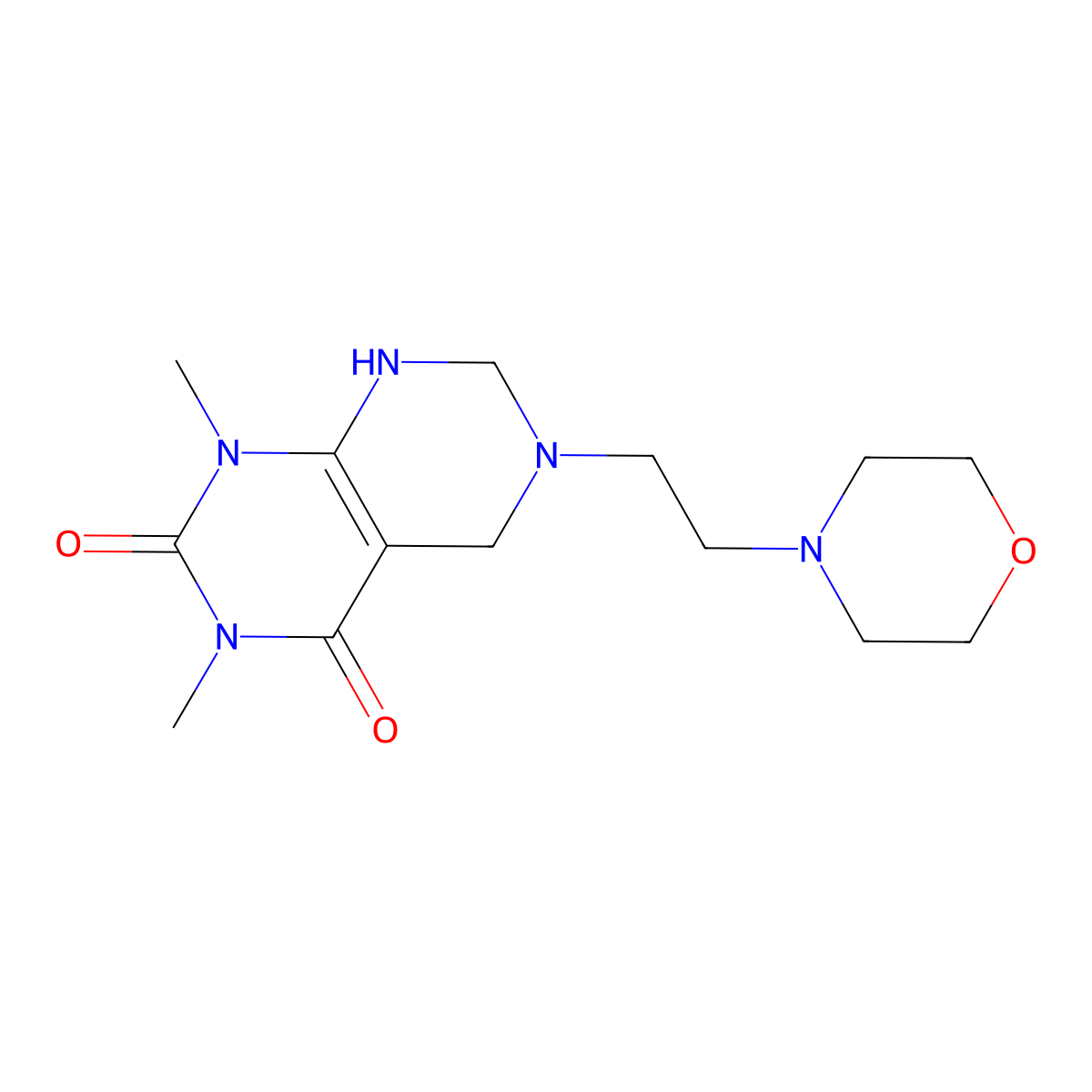 1,3-dimethyl-6-(2-morpholin-4-ylethyl)-7,8-dihydro-5H-pyrimido[4,5-d]pyrimidine-2,4-dione molecular structure, CAS 510725-31-2