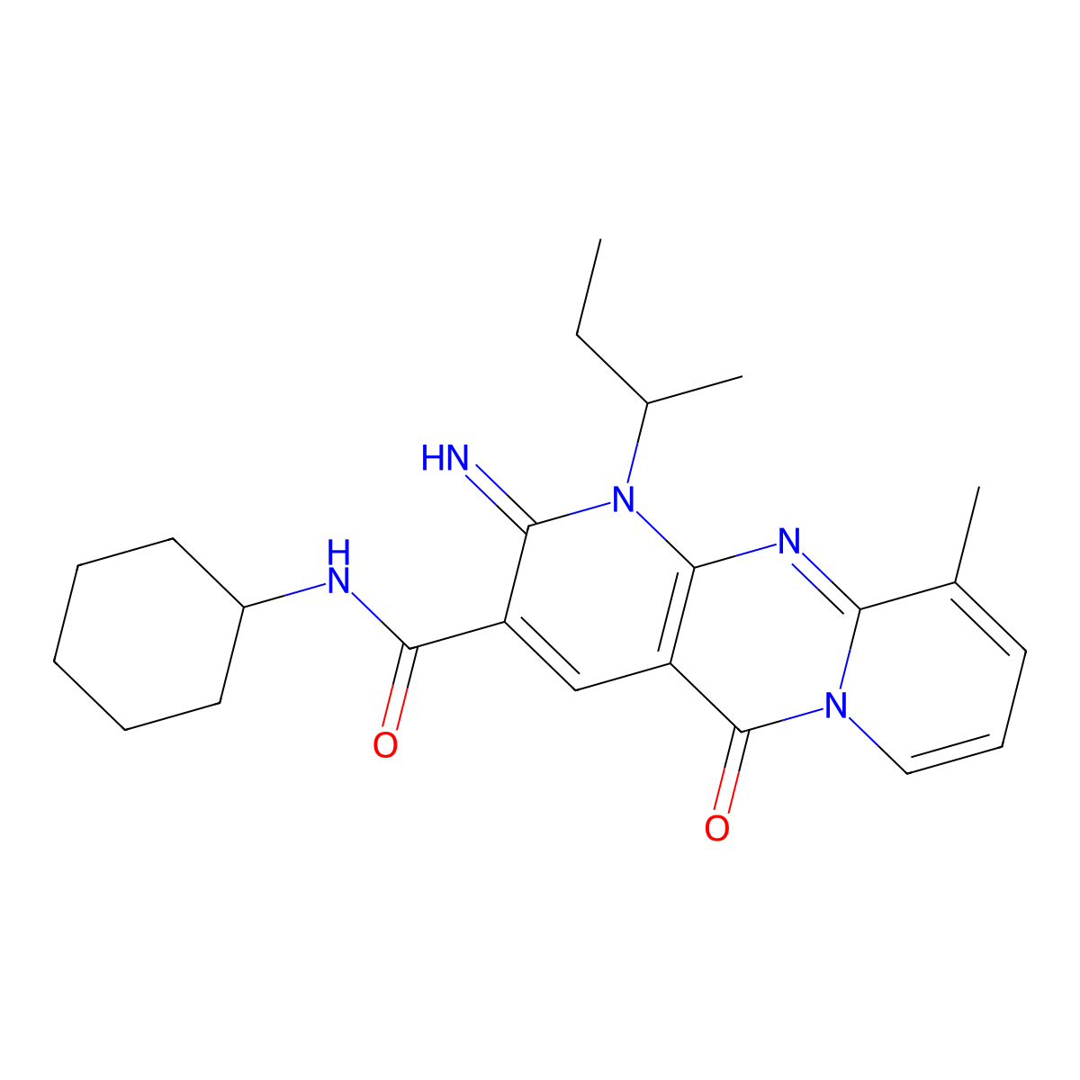 7-(butan-2-yl)-N-cyclohexyl-6-imino-11-methyl-2-oxo-1,7,9-triazatricyclo[8.4.0.0^{3,8}]tetradeca-3(8),4,9,11,13-pentaene-5-carboxamide molecular structure, CAS 510733-45-6