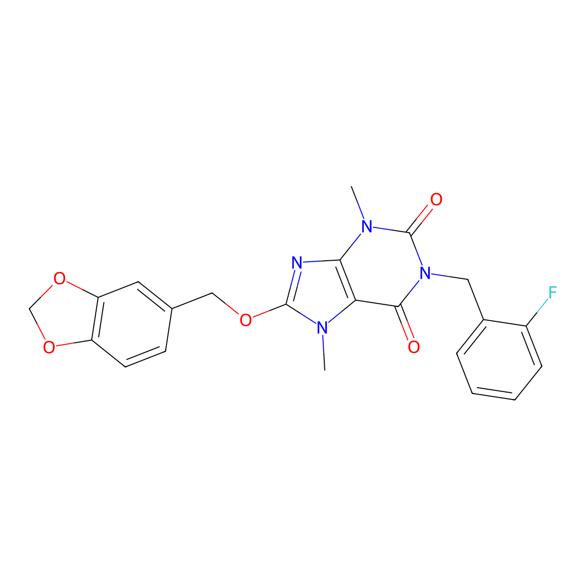 8-(1,3-Benzodioxol-5-ylmethoxy)-1-[(2-fluorophenyl)methyl]-3,7-dimethylpurine-2,6-dione molecular structure, CAS 510735-05-4