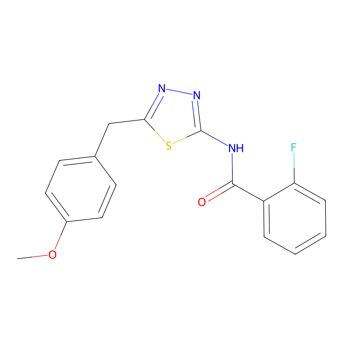 2-fluoro-N-[5-(4-methoxybenzyl)-1,3,4-thiadiazol-2-yl]benzamide molecular structure, CAS 510735-59-8