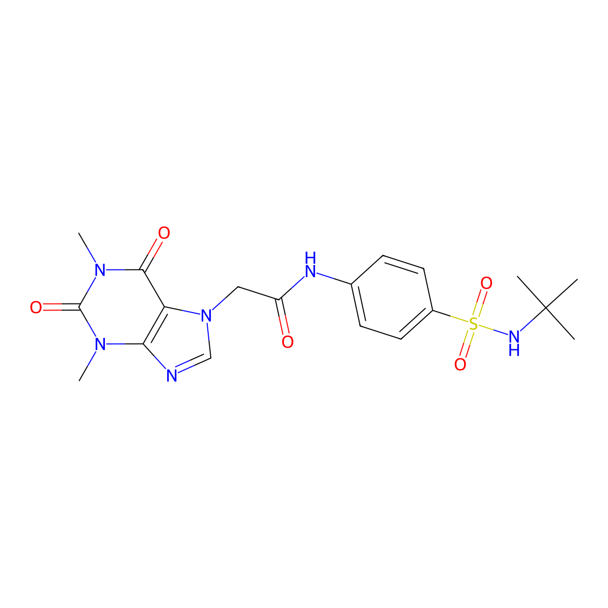 N-{4-[(tert-butylamino)sulfonyl]phenyl}-2-(1,3-dimethyl-2,6-dioxo-1,2,3,6-tetrahydro-7H-purin-7-yl)acetamide molecular structure, CAS 510736-27-3