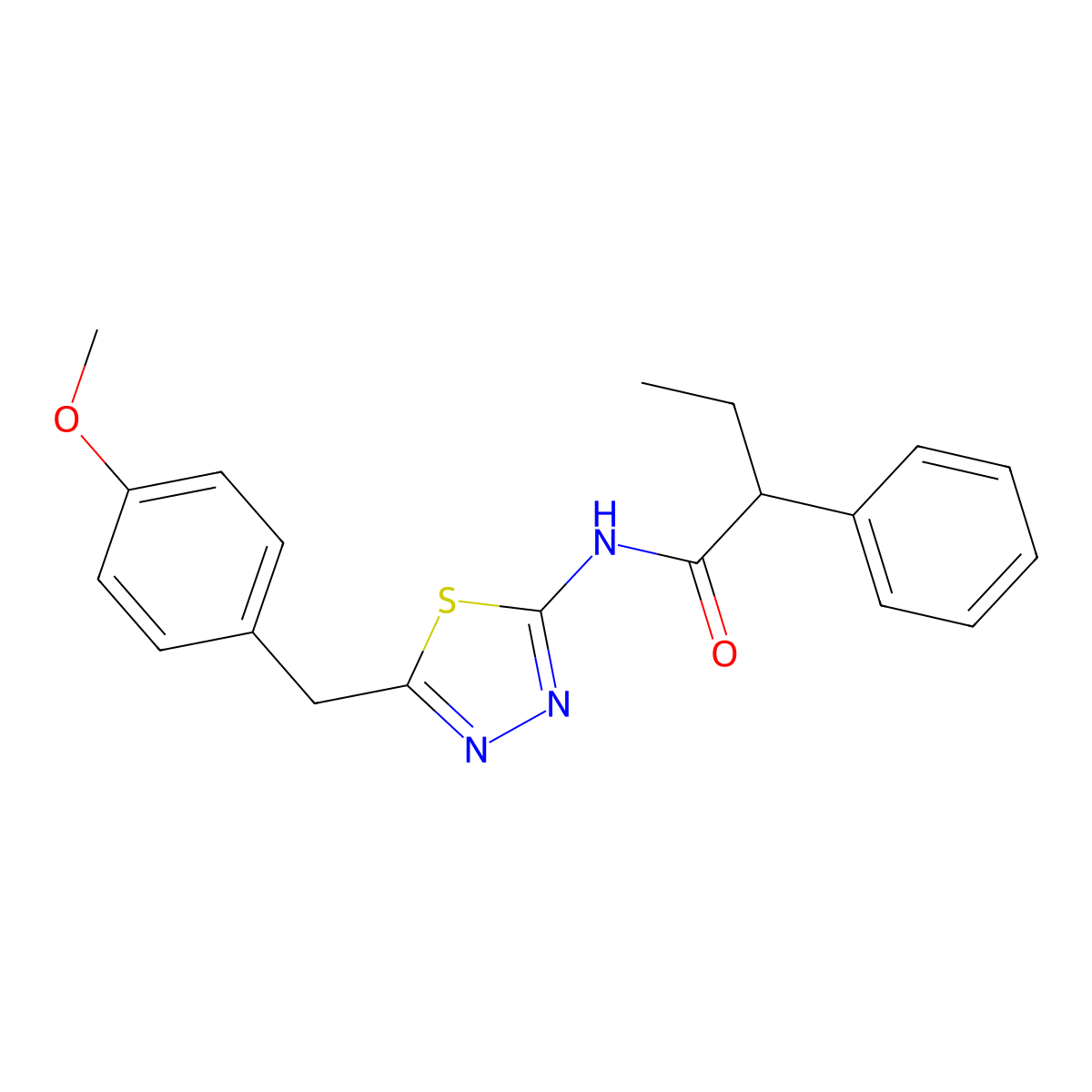 N-[5-(4-methoxybenzyl)-1,3,4-thiadiazol-2-yl]-2-phenylbutanamide molecular structure, CAS 510736-54-6
