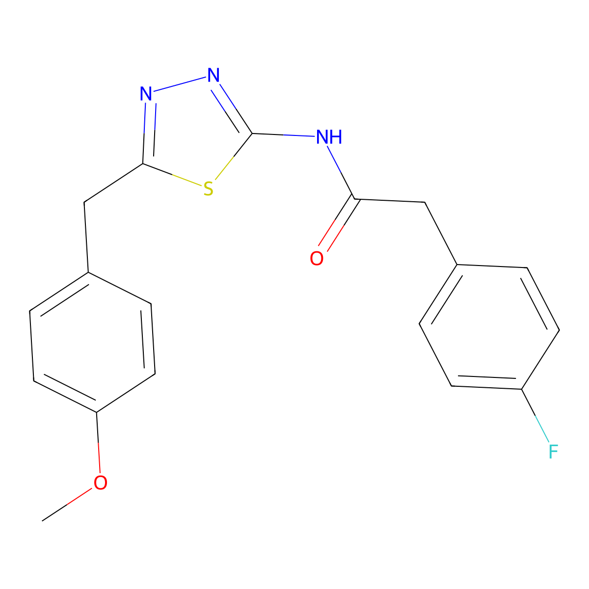2-(4-fluorophenyl)-N-[5-[(4-methoxyphenyl)methyl]-1,3,4-thiadiazol-2-yl]acetamide molecular structure, CAS 510737-19-6