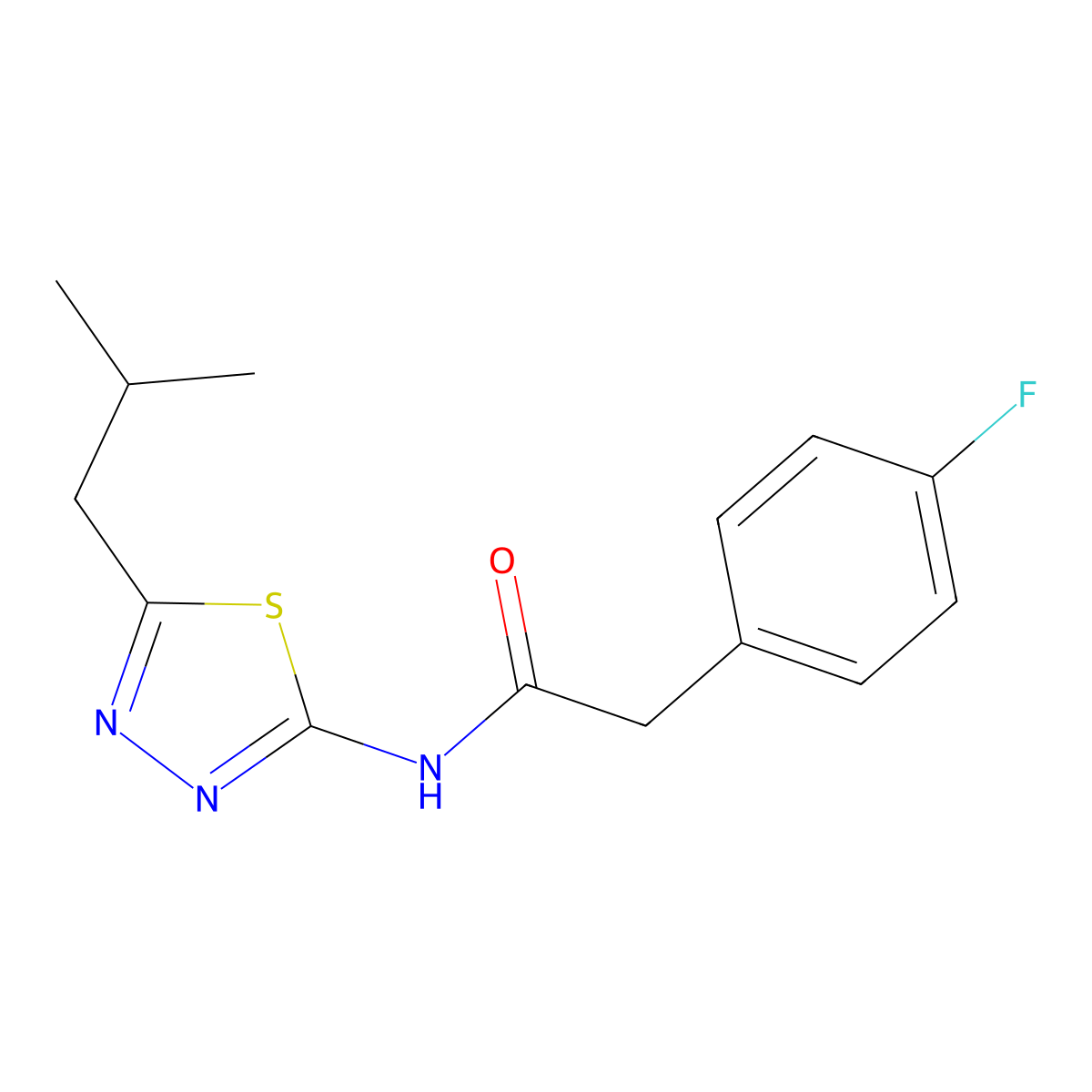 2-(4-fluorophenyl)-N-[5-(2-methylpropyl)-1,3,4-thiadiazol-2-yl]acetamide molecular structure, CAS 510737-20-9