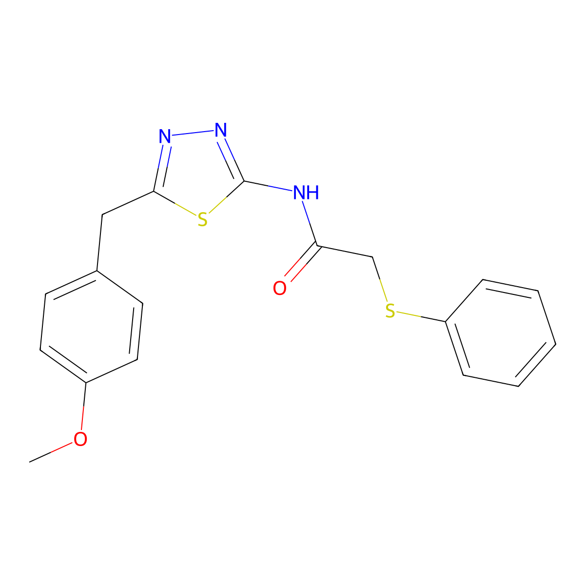 N-[5-[(4-methoxyphenyl)methyl]-1,3,4-thiadiazol-2-yl]-2-phenylsulfanylacetamide molecular structure, CAS 510737-28-7