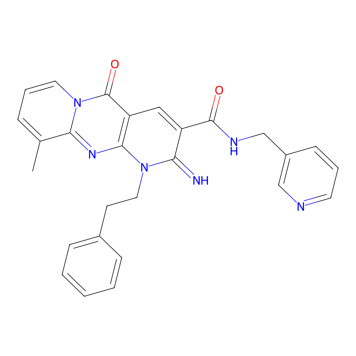 2-imino-10-methyl-5-oxo-1-phenethyl-N-(pyridin-3-ylmethyl)-2,5-dihydro-1H-dipyrido[1,2-a:2',3'-d]pyrimidine-3-carboxamide molecular structure, CAS 510760-57-3