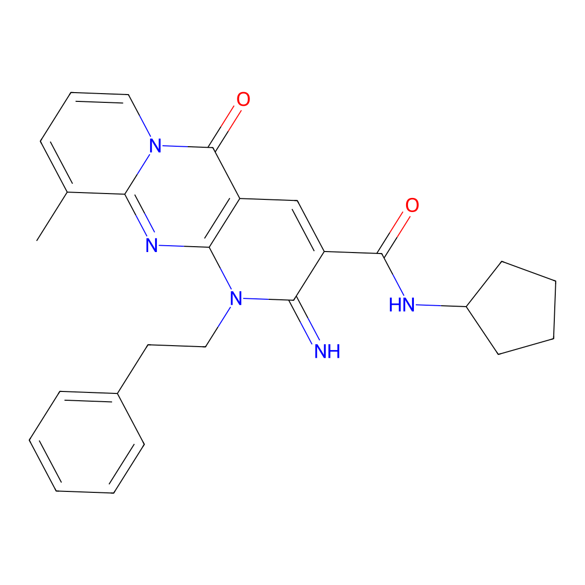 2-Imino-8-methyl-10-oxo-1-phenethyl-1,10-dihydro-2H-1,9,10a-triaza-anthracene-3-carboxylic acid cyclopentylamide molecular structure, CAS 510760-59-5