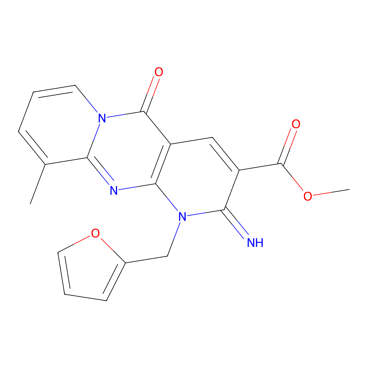 Methyl 7-[(furan-2-yl)methyl]-6-imino-11-methyl-2-oxo-1,7,9-triazatricyclo[8.4.0.0^{3,8}]tetradeca-3(8),4,9,11,13-pentaene-5-carboxylate molecular structure, CAS 510760-62-0